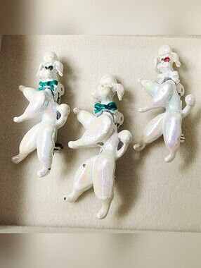 Set of 3 Vintage White Enamel Poodle Brooch Pins Iridescent Finish Retro